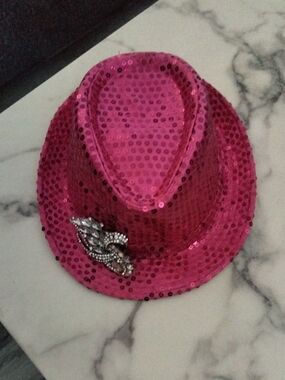 Pink Sequin Fedora Hat with Decorative Brooch